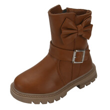 Girls' Brown Mid-Calf Bow Boots with Thick Heels & Soft Soles – Warm, Comfortable Casual Shoes for Big Kids (8-9 Years)