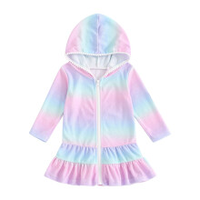 Toddler/Kids Swim Cover Up Dress Long Sleeve Zip Up Hooded Bating Towel Beachwear Cute Gradient Color Bathrobe Swimwear FOR 1-6 Years Girls