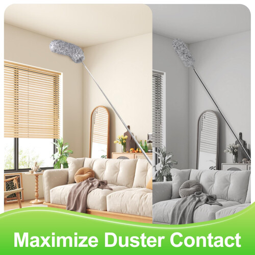 Fogray Extendable Feather Duster, Bendable Microfiber Long Handled with Extra Telescopic Extending Pole and Soft Silicone Cap, Washable Duster for 2