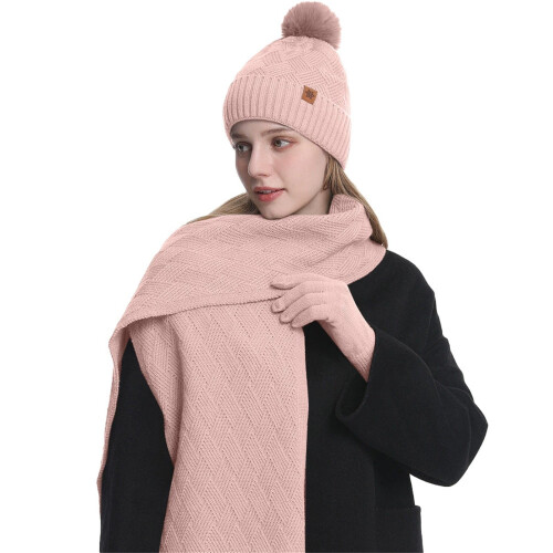 Set da donna composto da cappello, sciarpa e guanti in maglia, rosa, 3 pezzi
