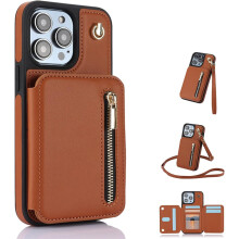 Fertilvrsus Wallet Case for iPhone 16/15/14/13—PU Leather Flip Cover w/ Card Slots, Wrist Strap & Crossbody Lanyard (Apricot, for 13 Pro)