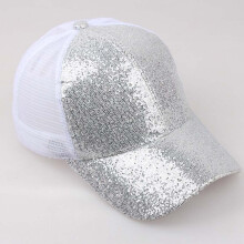 Sparkling Sequins Baseball Cap For Women Adjustable Ponytail Hole Hat Glitter Sporty Snapback Sun Visor Silver