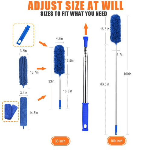 Extendable Feather Duster, 6PCS Microfiber Duster Cleaning Kit with Telescoping Extension Pole 100 Inch, Reusable Bendable Dusters, Washable 1