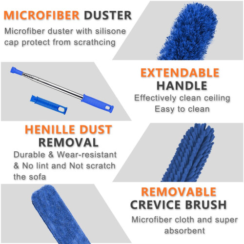 Extendable Feather Duster, 6PCS Microfiber Duster Cleaning Kit with Telescoping Extension Pole 100 Inch, Reusable Bendable Dusters, Washable 2