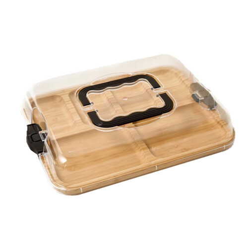 Plateau à goûter en bois avec couvercle transparent et compartimenté