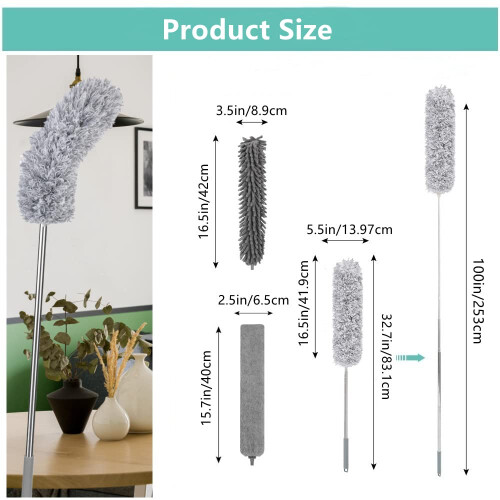 Fogray Extendable Feather Duster, Bendable Microfiber Duster with Extra Long 100" Telescopic Extension Pole and Soft Silicone Cap, Washable Duster for 1