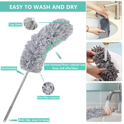 Fogray Extendable Feather Duster, Bendable Microfiber Duster with Extra Long 100" Telescopic Extension Pole and Soft Silicone Cap, Washable Duster for 2