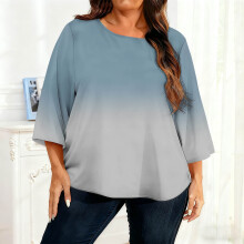 Women's Plus Size Gradient Color Casual Three Quarter Sleeve Round Neck Top Loose Comfortable Fit Versatile for Daily Weekend Outdoor Casual Wear