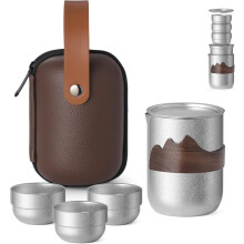Conjunto de chá de titânio com infusor, 3 xícaras e bolsa de couro.