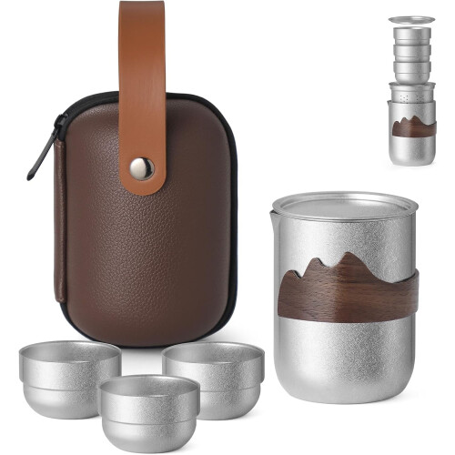 Conjunto de chá de titânio com infusor, 3 xícaras e bolsa de couro.