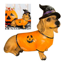 Halloween socha jazvečíka, čarodejnícky klobúk, tekvicový sveter 20 cm