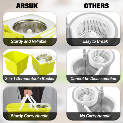 ARSUK Spin Mop and Bucket Sets - 2 Separate Stackable Buckets with 4 Microfiber Spin Mop Heads Replacement & 360? Spinnable Adjustable Height 1