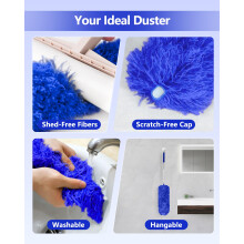 Fogray Extendable Feather Duster Kit - Long Handled 100" Telescopic Pole and Soft Silicone Cap, Bendable Washable Heads for Cleaning Cobwebs, High