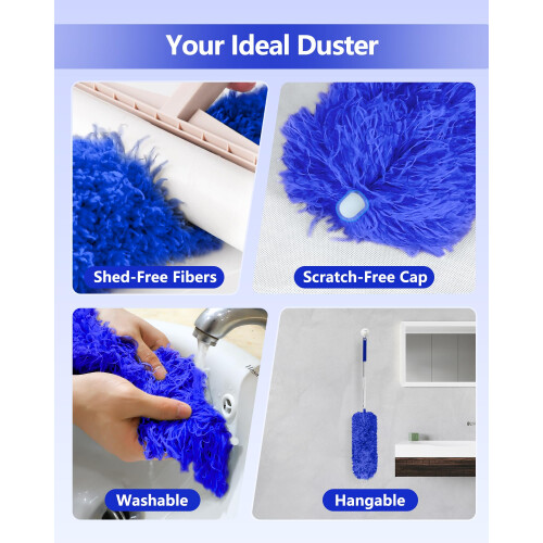 Fogray Extendable Feather Duster, Bendable Microfiber Duster with Extra Long 100" Telescopic Extension Pole and Soft Silicone Cap, Washable Duster for 2