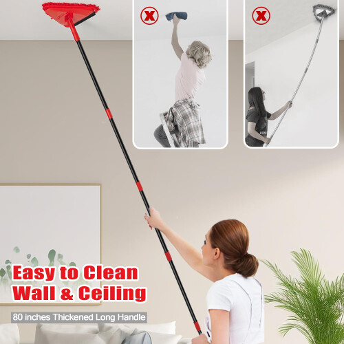 NEWE Wall Mop Cleaner with 202 cm Long Handle, 180? Folding Ceiling Cleaning Tool with Squeegee, Triangle Baseboard Scrubber with 4 Chenille Duster 1