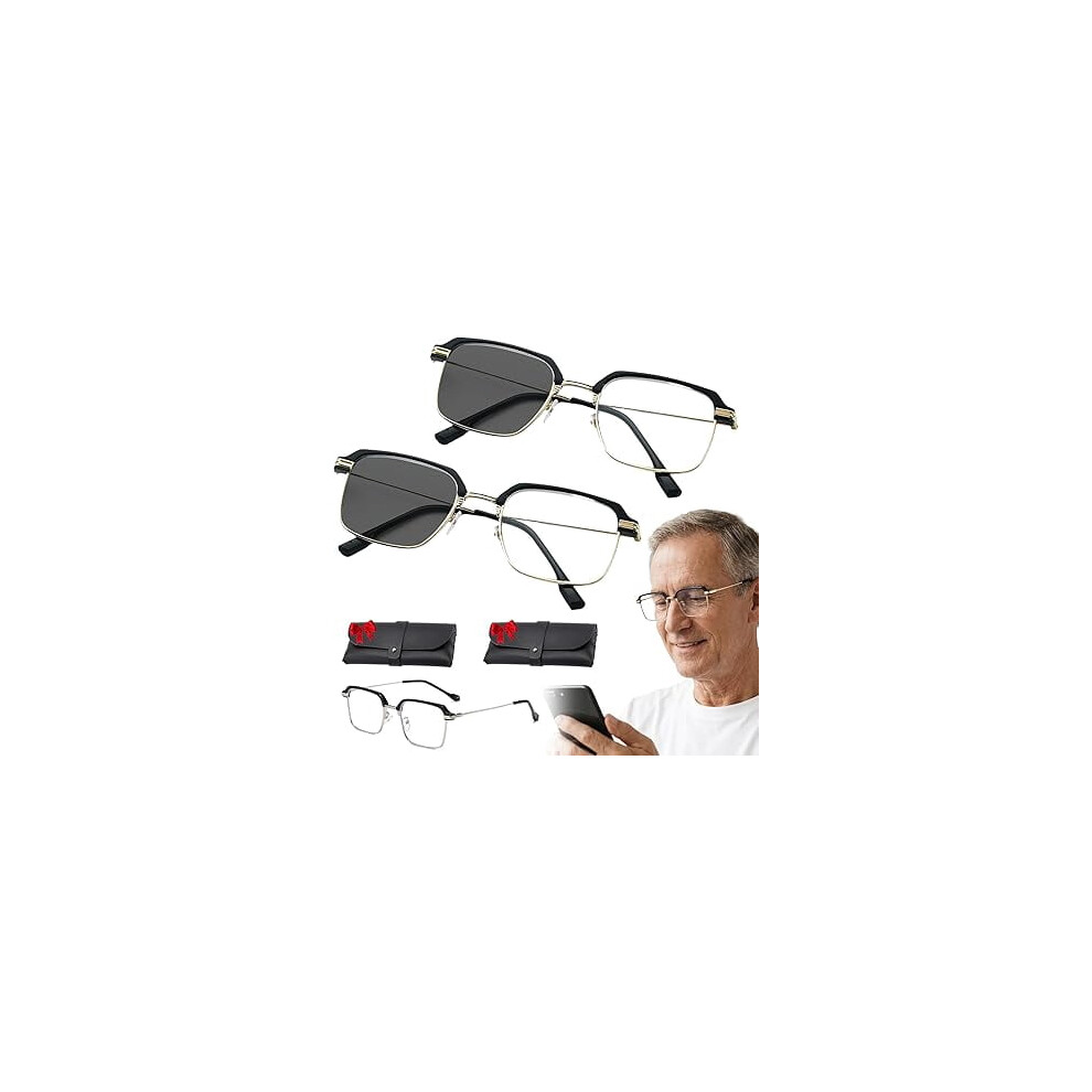 Black/Gold & Semi-Rimless Crystal Clear Focus Reading Glasses For Men & Women, Frameless Smart Zoom Reading Glasses