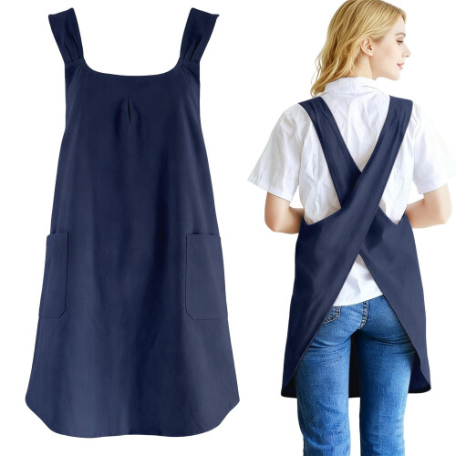 Abito grembiule da donna in cotone e lino blu navy con 2