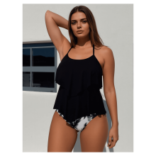 Czarny damski komplet tankini z topem typu halter i nadrukiem palm