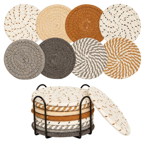 Set di 8 sottobicchieri in cotone e lino con supporto