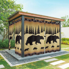 Tende da esterno vintage con orso, impermeabili, nere, con vista sulla foresta di pini.