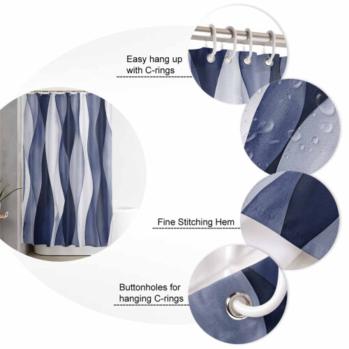 Blåt Ripple Bruseforhæng 66x72 tommer Polyester Vaskbart 2
