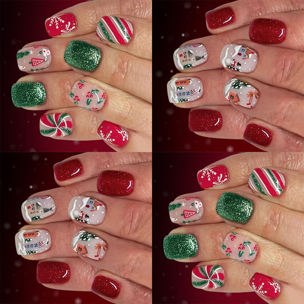 Snowflake Glitters Fake Nails Short Square Design 48Pc ShinesCoating Easy Application For Holiday Manicure