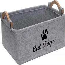 (Gray)Folding Pet Felt Toy Storage Box Dog Basket Wooden Handle Large Size Square