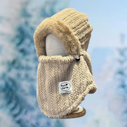 Conjunto de gorro e cachecol de tricô feminino cáqui 1