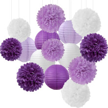 Purple and White Paper Lanterns & Pom Poms Set – 15 pcs