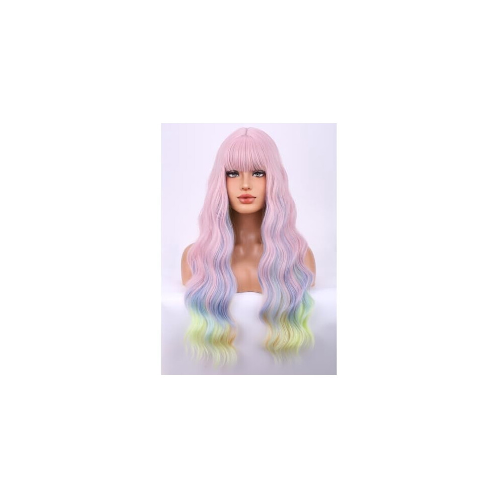 Rainbow curly wavy pastel wig with bangs heat resistant