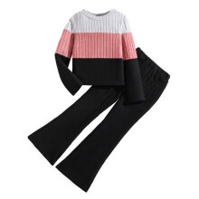 Conjunto de moletom com capuz canelado e blocos de cores para meninas