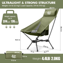 Chaise de camping à dossier haut avec oreiller – Oxford 600D, 170 kg