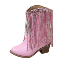 Girls Leather Ankle Boots with Tassel, Western Style Cowboy Booties for Kids – Durable Sole, Red, Size 10-10.5Y