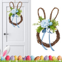 Corona de Pascua rústica para exteriores, con lazo de conejo, decoración primaveral