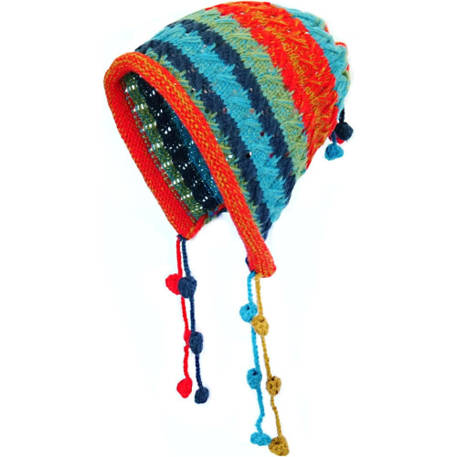 Gorro feminino de crochê com pompom e arco-íris.