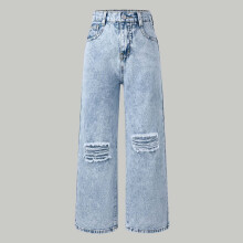 Distressed Snowflake Wash Wide Leg Jeans For Teen Girls Comfortable Stretch Denim Trousers With Ripped Details And Flared Fit