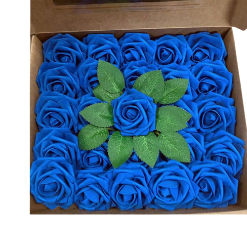 25 stuks blauwe kunstrozen met stelen