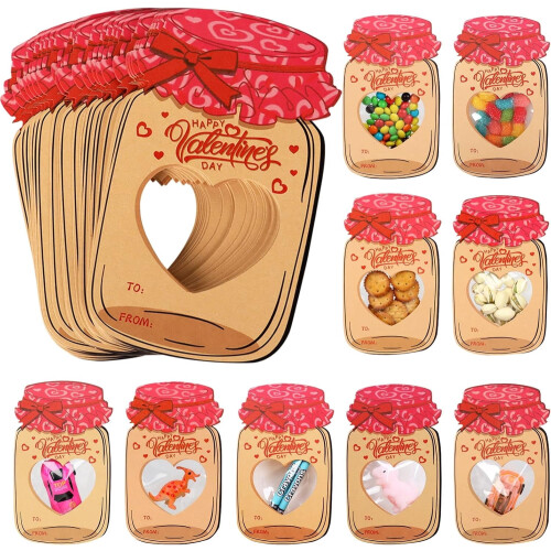 Κάρτες Αγίου Βαλεντίνου Mason Jar με σακουλάκια λιχουδιών, συσκευασία των 50 τεμαχίων