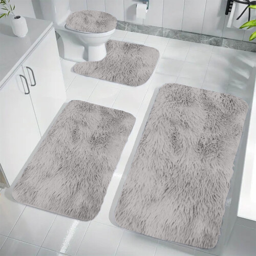 Badezimmerteppich-Set, Plüsch-WC-Matte in U-Form, Grau, 4-teilig 1