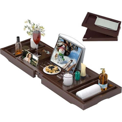 Foldable Bamboo Bathtub Caddy Tray – 28.5–40.1 in