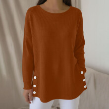 Women's Solid Color Round Neck Long Sleeve Knit Pullover Top with Buttons and Side Slits Soft Breathable Design for Home Office Casual Wear