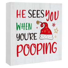 Panneau de salle de bain de Noël humoristique 10 x 10 cm, décoration rustique en bois pour la maison, bureau, table ou étagère