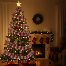 Décoration de sapin de Noël rouge à rayures en laine de 2,3 m