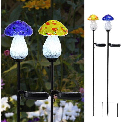 Mushroom Solar Outdoor Lights Handmade Glass2Pack