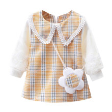 Flower Girl Dress for Toddler Girls, Long Sleeve Plaid Princess Dress with Bag Set – Yellow, 12-18 Months