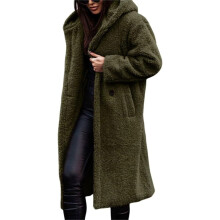 Abrigo largo de forro polar sintético con capucha estilo boyfriend para mujer, ideal para diversas ocasiones como citas y viajes.