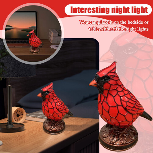 Red Cardinal Table Lamp – Stained Glass Design, 7 Inch