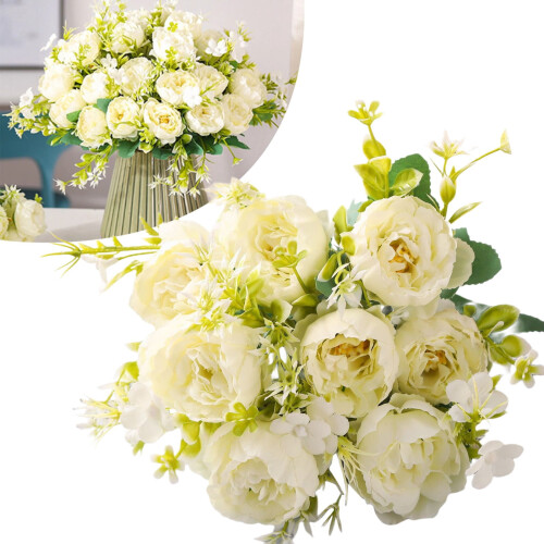 Artificial Peony and Rose Bouquet – White, 5-Stem Set