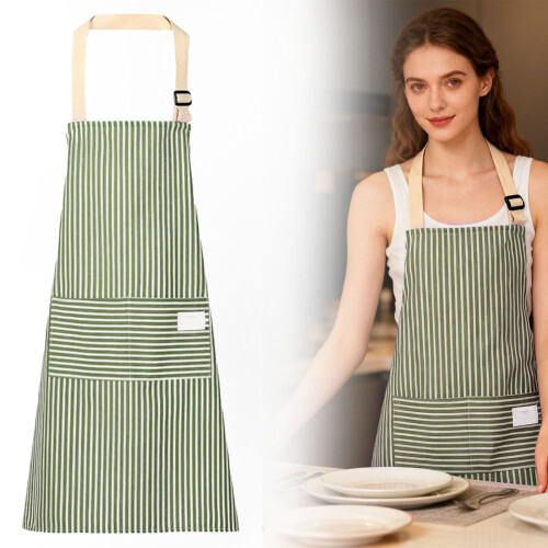 Grembiule da donna a righe in cotone e lino con due tasche, 1