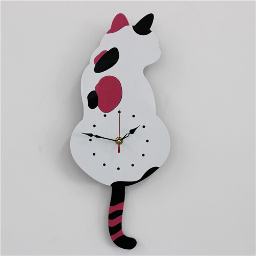 Cat Wall Clock with Swinging Tail, Quartz, White